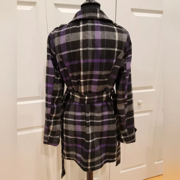 Arizona purple plaid double breasted black button up belted jacket coat S - Picture 4 of 9